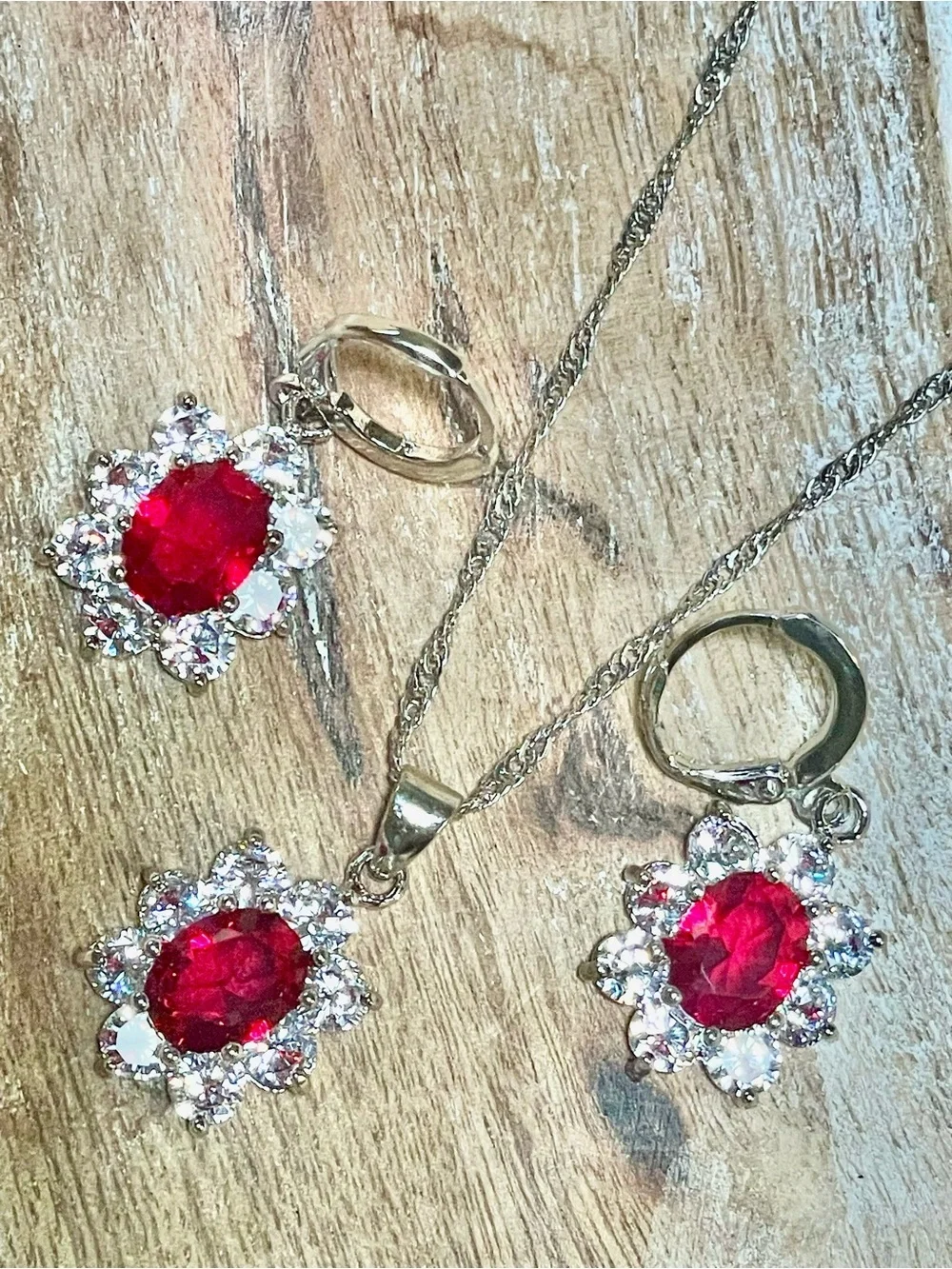 Red Crystal Flower Necklace & Earring Set in Halo 925 Sterling Silver Setting